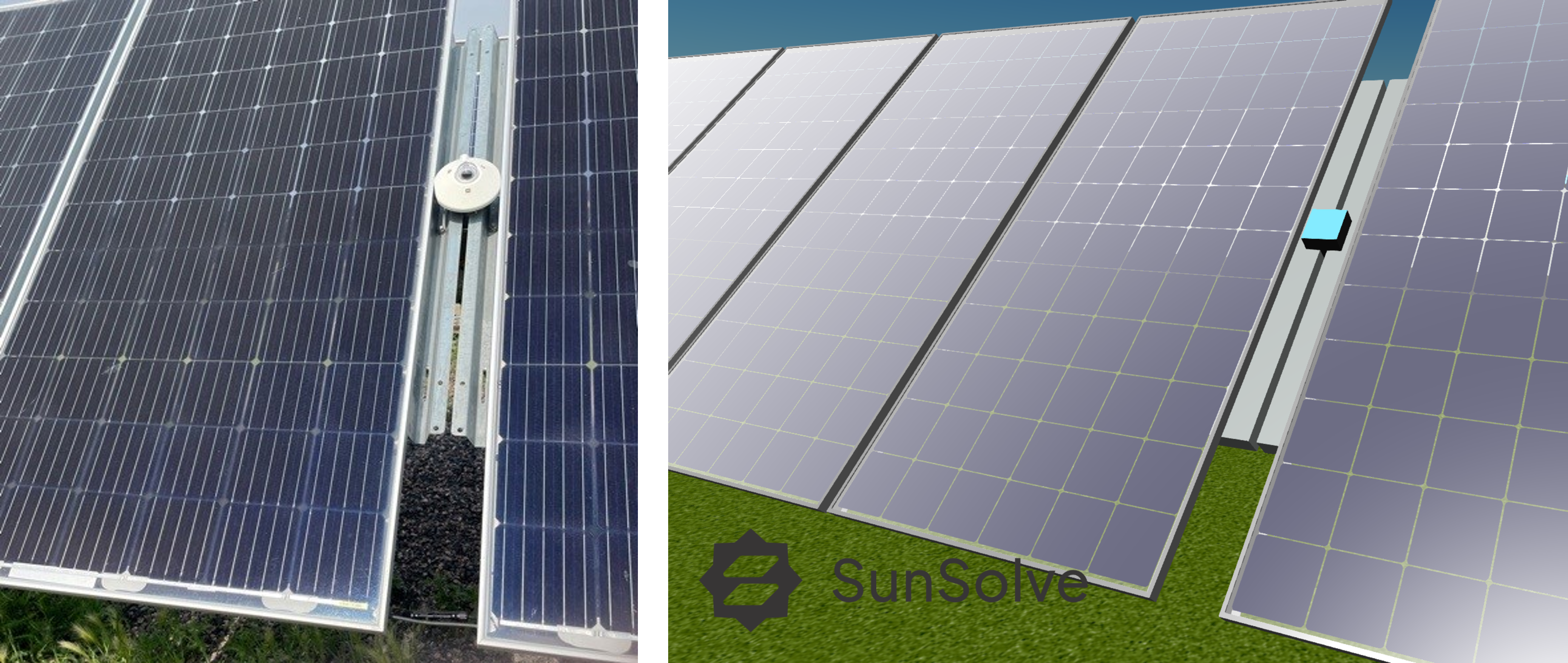 正面 POA 传感器：现场照片（左）和 SunSolve 重建模型（右）